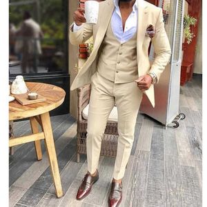 Kostüm Homme 3 Stücke Beige Bräutigam Tragen Smoking Hochzeitsanzüge Trauzeugen Trauzeuge Anzüge Maßgeschneiderte Blazer (Jacke + Hose + Weste) X0909