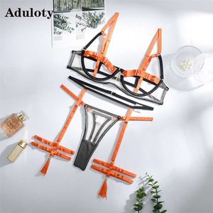 Aduloty Women Fashion Two Color Stitching Frenulum Perspective Hollowing Out Underwear Thin Sexy Erotic Lingerie Bra Thong Set 211104