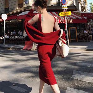 High Quality Autumn Winter Two Piece Set Women Simple Long Sleeve Knitted Cardigan Coat Tops + Sexy Backless Sweater Dress Suit 210514