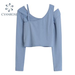 Long Sleeve Crop T Shirt Women Outfits Spring Pullover Sexy Solid Deep Crewneck Tees Female Elegant Stylish E-Girl Top Sets 210417
