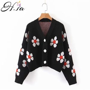 Winter Arrivals Women Floral Cardigans V neck Button Up Black Cashmere Sweater Sweet Coat 210430