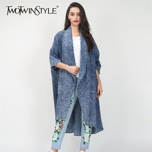 Twotwinstyle Denim Women's Windbreaker Lapel Collar Half Sleeve Pocket Kvinna Trench Coats Höst Mode Kläder 210825