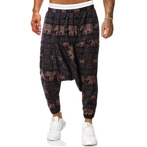 Men's Pants Hip Hop Cross-Pants Hippie Baggy Trousers Printed Loose Ankle Unisex Adults Elastic Waist Cotton Linen Low Crotch