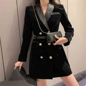 Winter Elegant Velvet Suit Jacket Double Breasted Long Sleeve Ladies Black Belt Bag Women's Slim Blazer Dress 210603