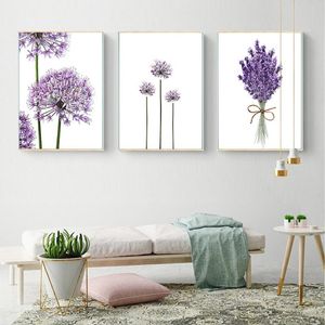 絵画スカンジナビアのモダンな紫色のラベンダーの花ポスターキャンバス絵画グリーンウォールアートポスターし ホームデコレーションをプリント
