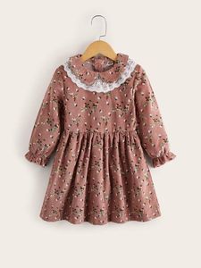 Toddler Girls Floral Print Lace Scallop Trim Flounce Sleeve Corduroy Klänning Hon