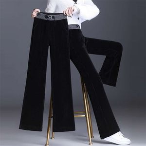 Corduroy Wide Leg Pants Women Casual Loose Trousers Elastic High Waist Print Straight Pants Autumn Winter Warm Pants Plus Size 211105