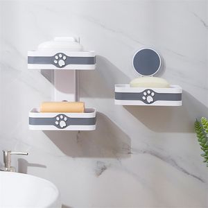 Soap Dishes Non Slip Box Punch Free Wall Mounted Double Layer Holder Sponge Dish For Bathroom Accessories 210423