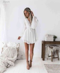 Bohemian mini dress women fashion spring solid white mini lace casual clothes v-neck long sleeve dresses