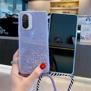 Crossbody Lanyard Strap Capas para Xiaomi Redmi Nota 10 Pro 9S 9 8T 8 7 K40 MI 10T Lite 9t Poco X3 NFC M3 Glitter Cobertura Clear