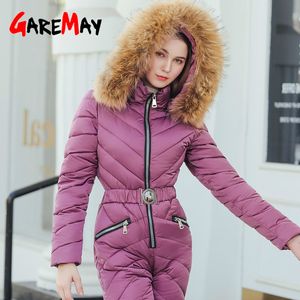 Winter Hooded Jumpsuits Parka Elegant Cotton Padded Warm Sashes Ski Suit Straight Zipper One Piece women's Casual Tracksuits 210428