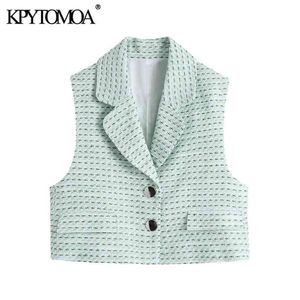 KPYTOMOA Kvinnor Mode med metallknapp Tweed Beskuren Vest Coat Vintage Ärmlös Flikfickor Kvinnliga Waistcoat Chic Toppar 210915