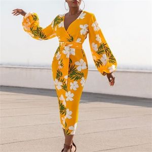 Yellow Printed Dress V Neck White Flower Long Lantern Sleeve Bodycon High Waist Women Vestidos African Ladies Plus Size XL Robes 210416