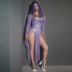 Мода фиолетовый длинный кисточкой боди женщины растягивающие блестки парикмахерский комбинезон ниглуб танцор кустарник костюмы 210622