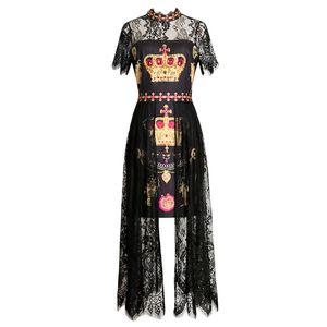 Schwarz Weiß Spitze Patchwork Kronendruck Stehkragen Reißverschluss Kurzarm Empire Midi Langes Kleid Eleganter Sommer D1679 210514