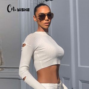 CNYISHE Chic Fashion Langarm Cut-Out Flare Sleeve Crop Top frauen T-shirt T Sexy Dünnes Hemd Streetwear Gestrickte tops Blusa 210419