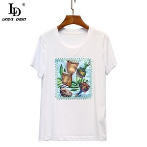 Moda de verano Casual Jersey Tops Mujeres Retro Étnico Instrumento Musical Impresión Blanco Camiseta de manga corta 210522
