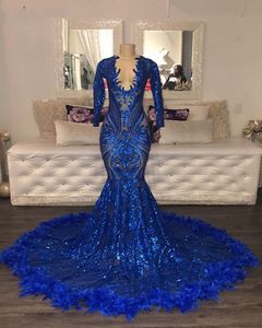 Africano sexy manga longa sereia vestidos de baile de marca 2022 com decote em v glitter azul royal lantejoulas garotas negras pena de penas noite vestido de partido