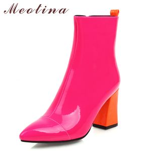 Meotina Ankleブーツ女性の靴尖ったつま先ブロックのかかとジッパーショートブーツハイヒールファッションブーツ女性冬イエローブラック210520