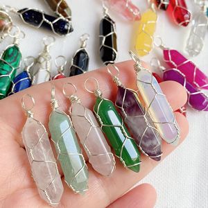 Doğal Taş Kristal Kolye Altın Gümüş Tel Wrap Pendulum Reiki Şifa Çakra Çok Renkli Kuvars Mor Ametistler Bullet Noktası Altıgen Pendulo