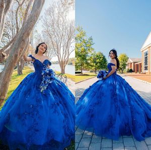 Sparkly Kraliyet Mavi Aplikler Balo Quinceanera Elbiseler Kapalı Omuz Püskül Tatlı 16 Balo Elbise Vestidos De 15 Años