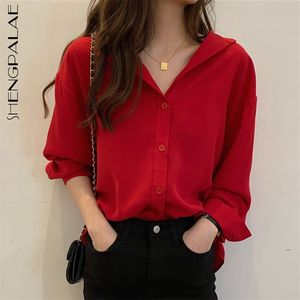 Elegante minimalistische Bluse für Damen, Revers, einreihig, große Größe, rotes Langarmshirt, weiblich, Trend 5A1310 210427