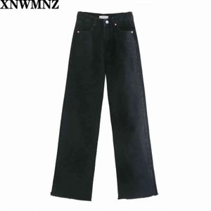 XNWMNZ Za women Fashion hi-rise wide-leg full length jeans Vintage faded seamless hems High Waist Zipper button Denim Female 211129