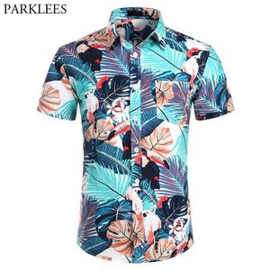 Mens hawaiian shirt mode casual camisa maskulina blommig fågel tryckt strand skjorta män kortärmade tröjor man kemise 210524