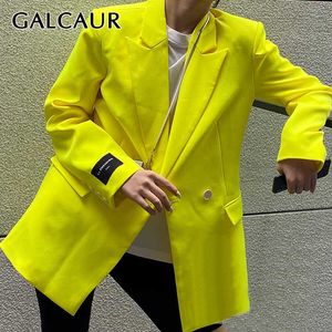 Galcaura Solid Blazers dla kobiet Notched Z Długim Rękawem Patchwork Przyciski Minimalistyczny Żółty Casual Płaszcze Kobiet Mody Odzież 210930