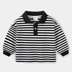 Spring Autumn 2 3 4 5 6 7 8 10 Years School Children Cotton Turn-Down Collar White Black Striped T-shirt For Baby Kids Boys 210625