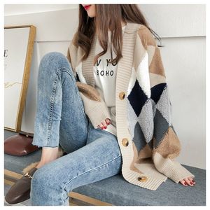 Qooth Autumn Elegant Plaid Cardigan Women Full Sleeve Kontrollera Sweater Office Vinter Kvinnor V-Neck Loose Ins Clothes Coats Qt237 210518