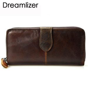 Brieftasche Frauen mode Dreamlizer Vintage Öl Echt Leder Großes Fach Lange Leder Weibliche Kupplung Geldbörse Handy Tasche Dame