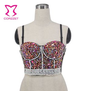 Pembe Elmas Beyaz Inci Boncuk Gece Kulübü Oryantal Dans Kaya Rave Seksi Sutyen Kırpma Üst Kadınlar Push Up Bralette Soutien Gorge Femme X0726