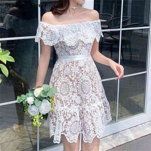 Vintage White Dress Woman for Summer Off The Shoulder High Waist Bodycon Female Runway Party Mini es Clothing 210603