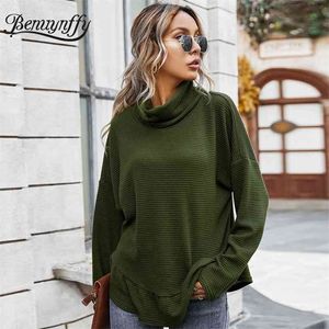 Outono Inverno Frel T-shirt de Turtleneck T-shirt das Mulheres Manga Longa Casual Tees Sólido Feminino Vestuário Feminino Tops 210510