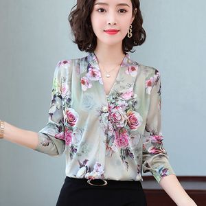 韓国のシルクブラウス女性サテンSシャツ女性VネックシャツVネックフローラルトップスプラスサイズ3xl 210427