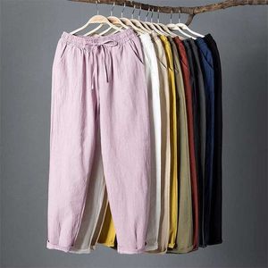 Womens Spring Summer Pants Cotton Linen Solid Elastic waist Harem Trousers Soft thin Female ladys trousers S-XXL 211112