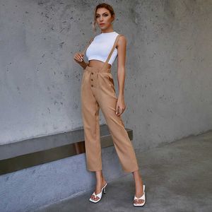 Alle passenden geraden Hosen mit weitem Bein, Push-up-Frau, Knopfleiste, Hosenträgerhose, Grunge-elastische Taille, braune Overalls für Frauen Q0801