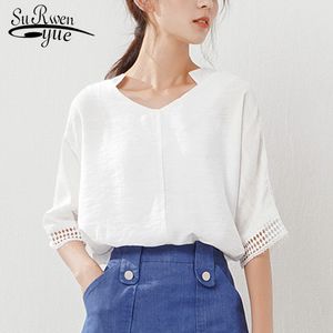 fashion women tops simple summer blouse shirt v-neck clothing white loose casual hollow shirts 0584 40 210521