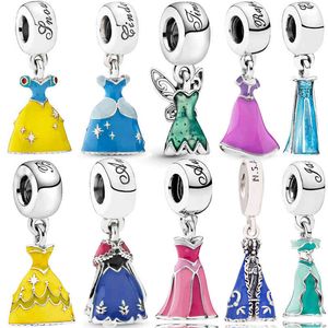 925 Sterling Silver Pingente Fine Jóias Esmalte Princesa Vestido Charme Fit Original Pandora Pulseira Beads Presente Fazendo para Mulheres