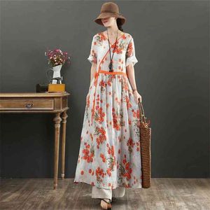 Sommar litterär vintage All-Match Long Dress V-Neck Drawstring High Waist Slim Short-Sleeved Women Gratis 210527