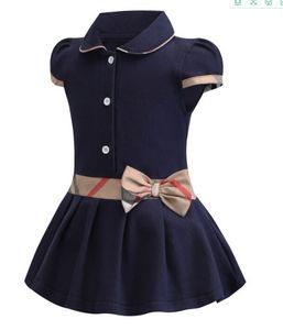 Vestido de bebê para meninas, lapela para crianças, vento universitário, laço, manga curta, camisa polo plissada, saia, roupas de grife casuais para crianças, tamanho 90-150 cm