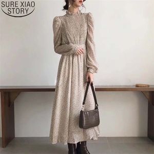 Long Sleeve A-line Dresses Vintage Floral Print Women Fashion Stand Collar Autumn Vestidos Femme Elastic Waist 11453 210510