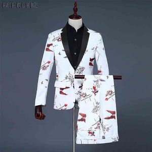 Роскошные Goldfish Print One Button White Suit Mounts Slim Fit Mens Wedding Groom Костюмы с брюками Певица Host Stage Costumes Homme 210522