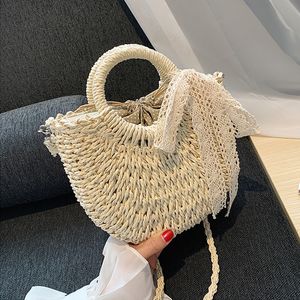 Bolsa de palha feminina para a mão da bolsa de bolsa de lua de rattan Big Capacidade Casual Sacos de ombro de praia de viagem casual