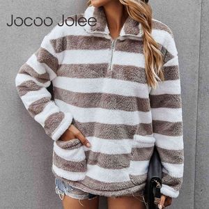 Jocoo Oversized Hoodies Casual Zipper Stand Collar Plush Loose Sweatshirts Vintage Plaid Striped Fickor Outwear 210428
