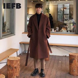 IEFB erkek Koreli Yün Ceket Sonbahar Kış Kalınlaşmış Orta Uzun Yün Ceket Moda Tek Meme Palto Ile Kemer 211122