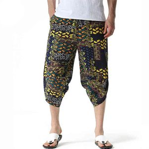 Mens Trousers Linen Calf-Length Print Pants Men Hawaiian Baggy Harem Pants Casual Breathable Harajuku Streetwear 210524
