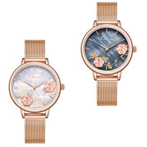 Kimio Malha pulseira Luxo Rose Gold Womens Relógios Elegantes Senhoras Relógio Float Flores Diamante Relógios de Relógios