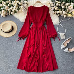 Herbst Winter Rot Lange Kleid Für Frauen Kleidung Eleganten Quadratischen Kragen Langarm Rüschen Kleider Weibliche A-Line Vestidos 2020 Neue y0603